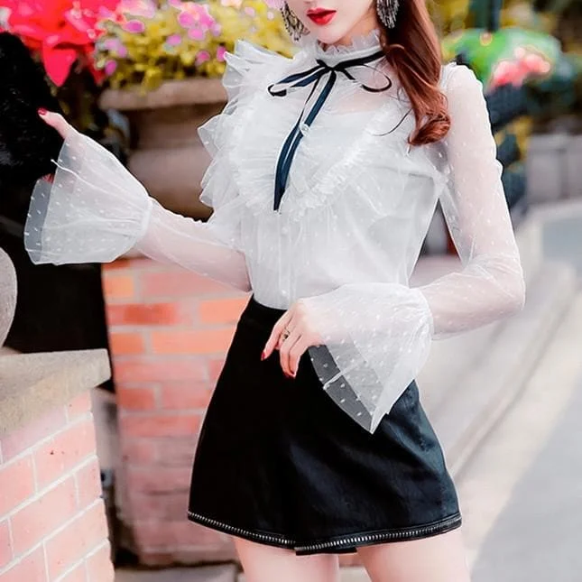 Black/White Falbala Tulle Lace Shirt SP13493