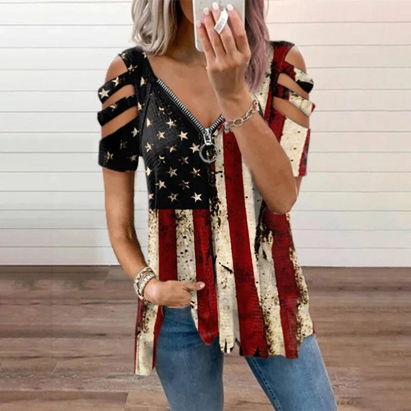 Women's Zipper Off-shoulder American Flag T-shirt