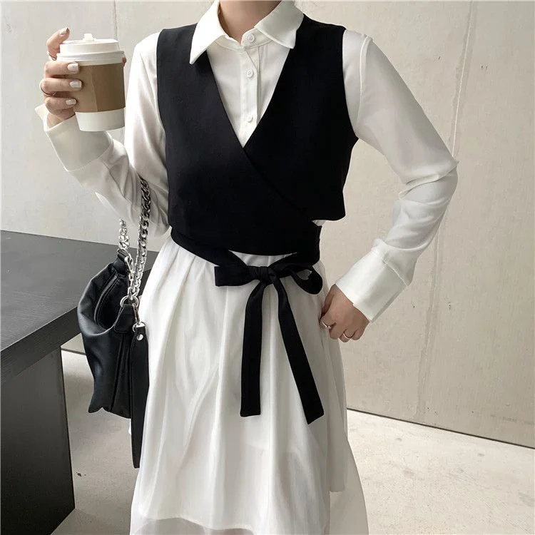 Long-Sleeve Midi A-Line Shirt Dress / Vest YP1901