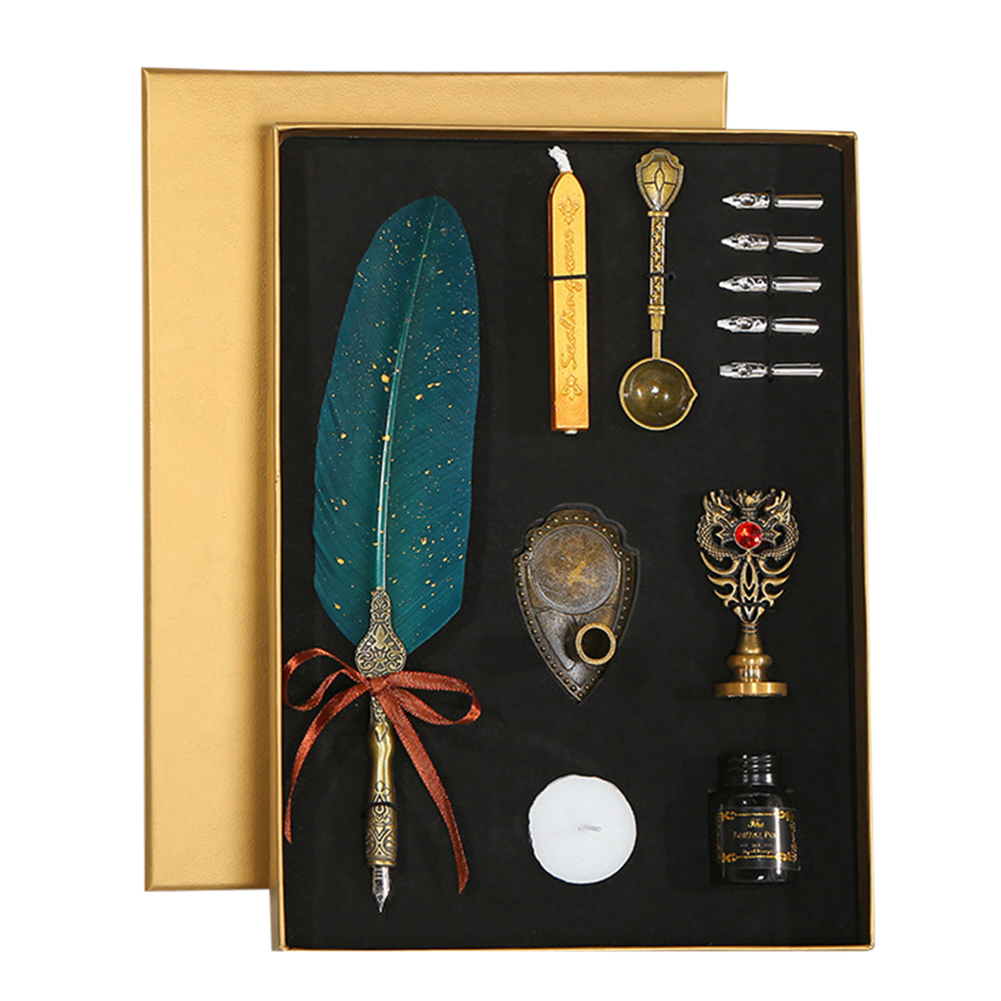 

Dark Green Retro Sprinkling Gold with Nib Ink Bottle Calligraphy Feather Dip Pen Kit, 501 Original