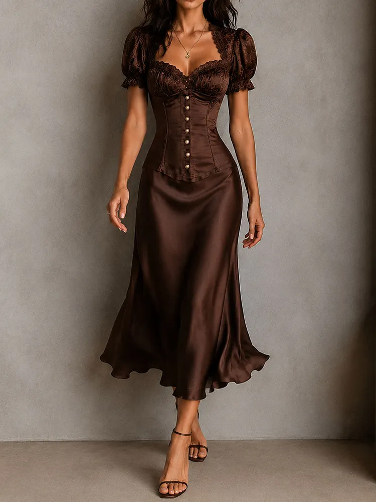 Retro Elegant Brown Satin Corset Puff Sleeve Midi Dress