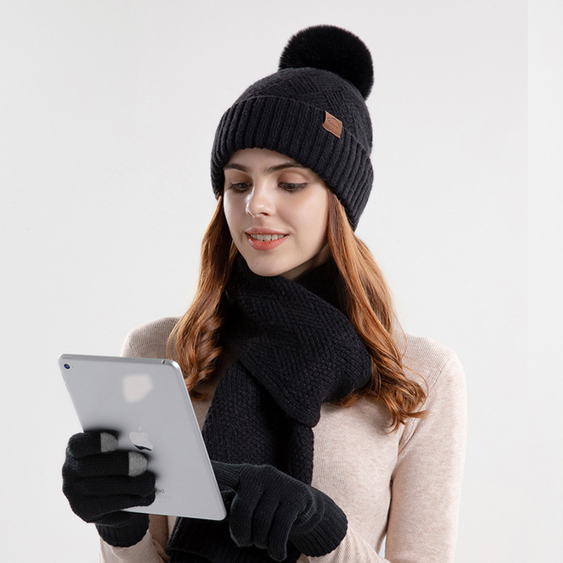 Mature Women Fashion Knitted Woolen Cap Warm Hat Scarf Gloves Three-piece Set