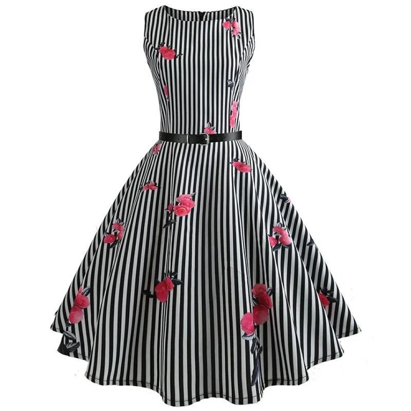 Women Floral Print Summer Dress Vintage Elegant Swing Party Dresses