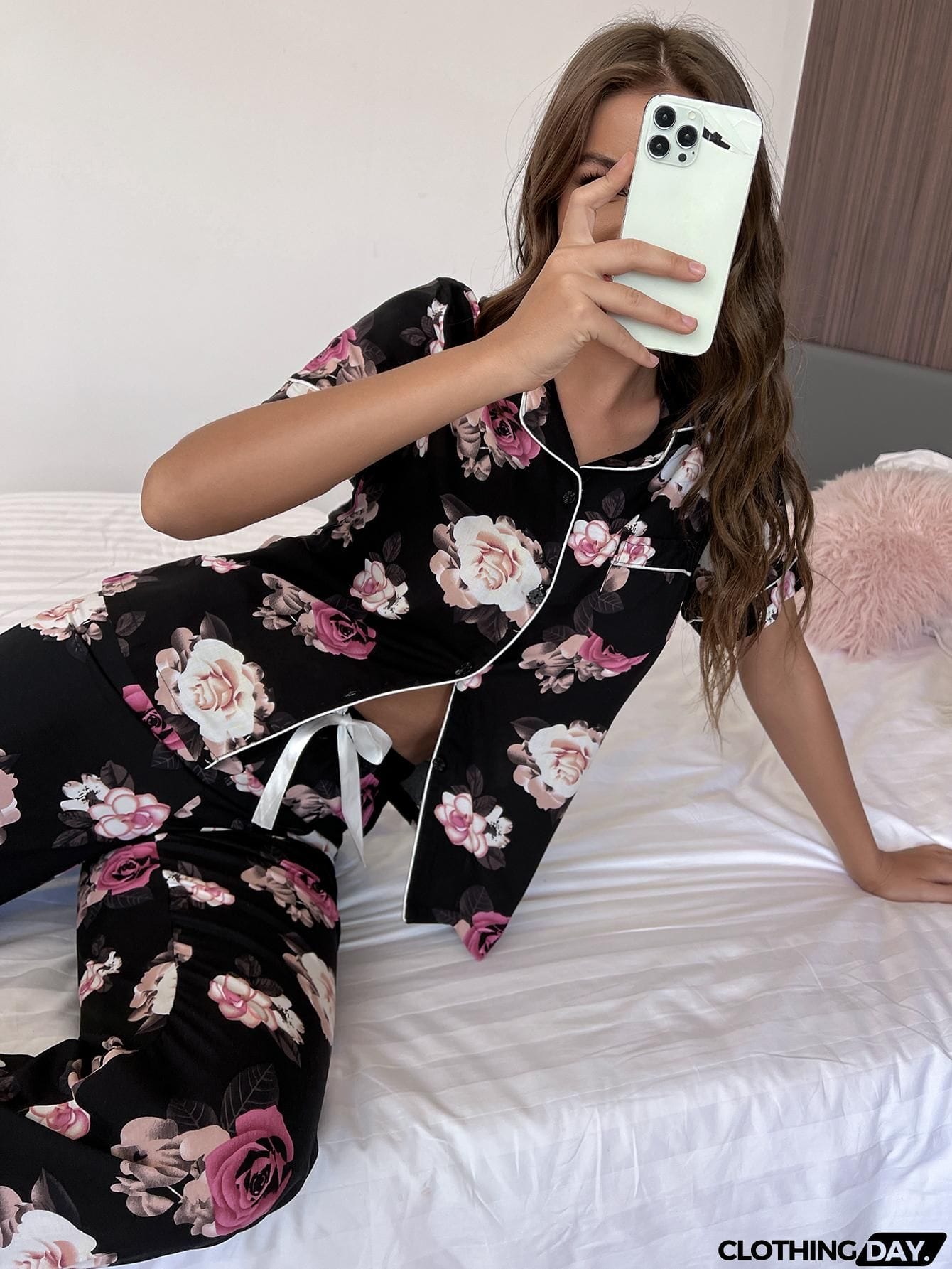Floral Short Sleeve Shirt and Pants Lounge Set