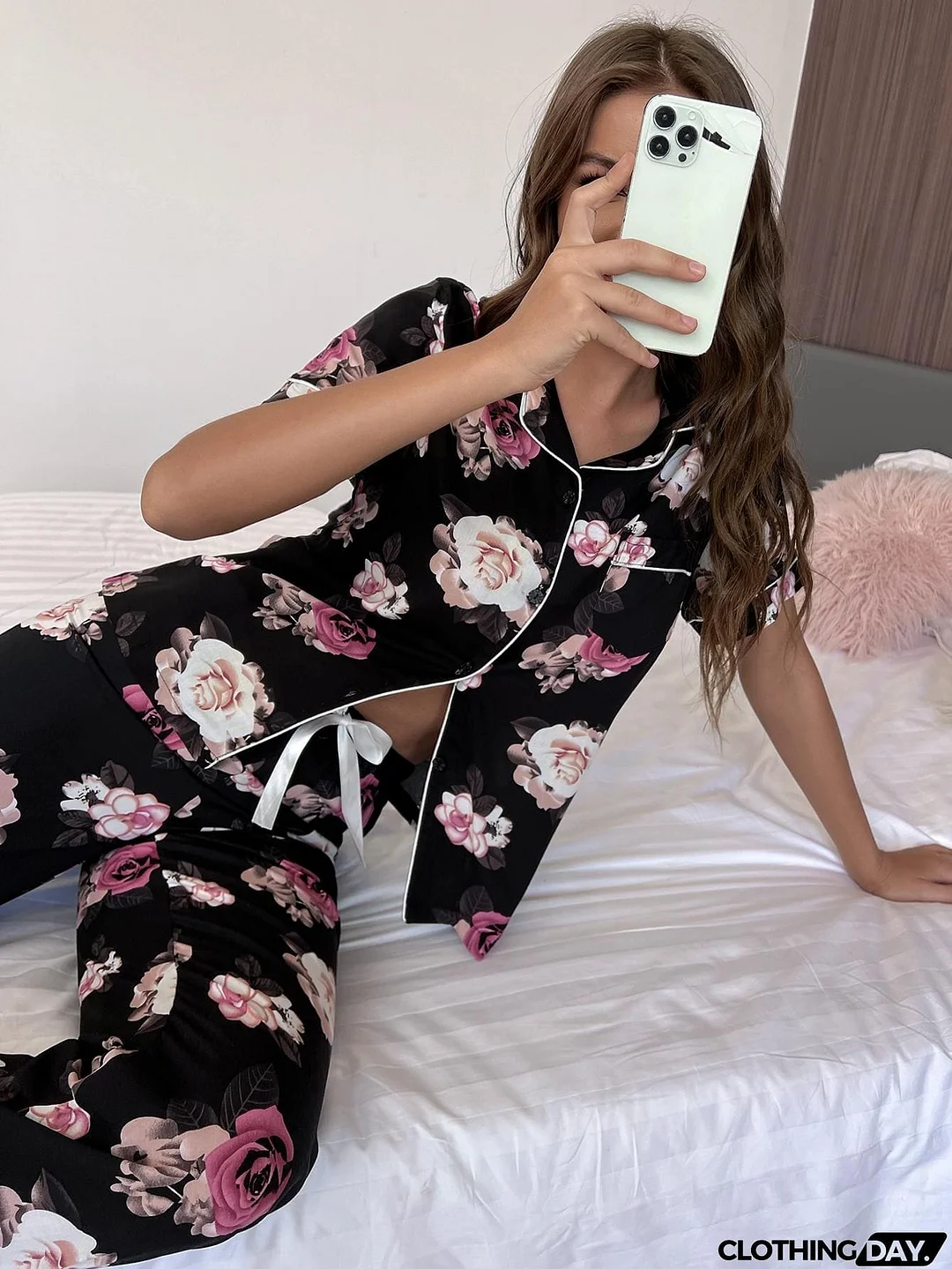 Floral Short Sleeve Shirt and Pants Lounge Set