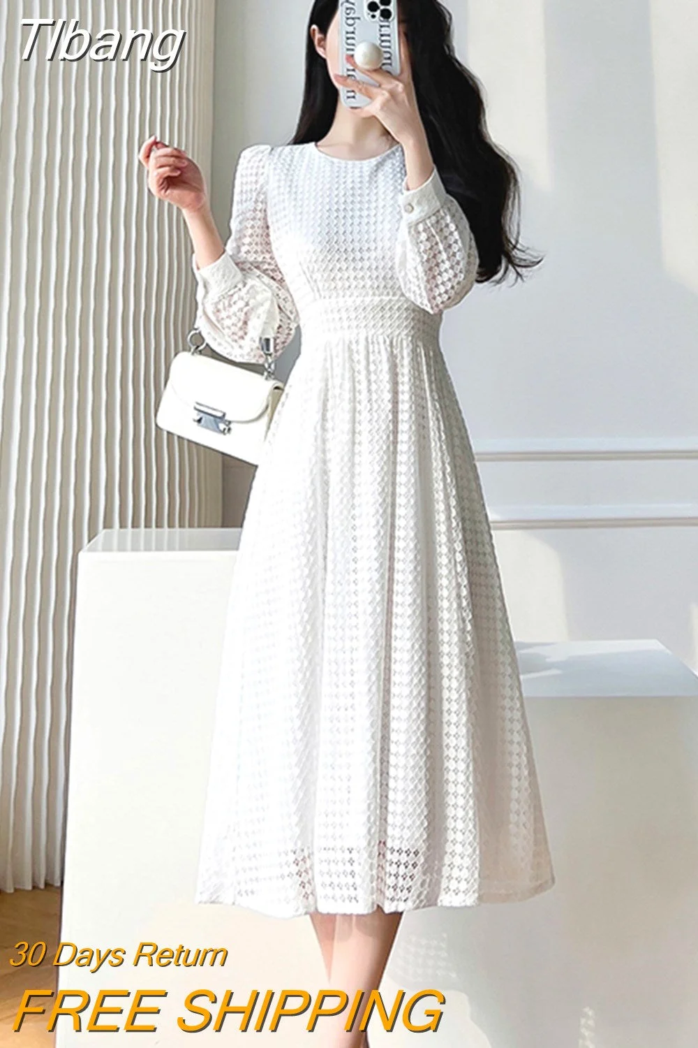 Tlbang Long Sleeves White Midi Dresses for Women 2023 New Autumn French Elegant Fashion Evening Wedding Party Robe Female Clothing