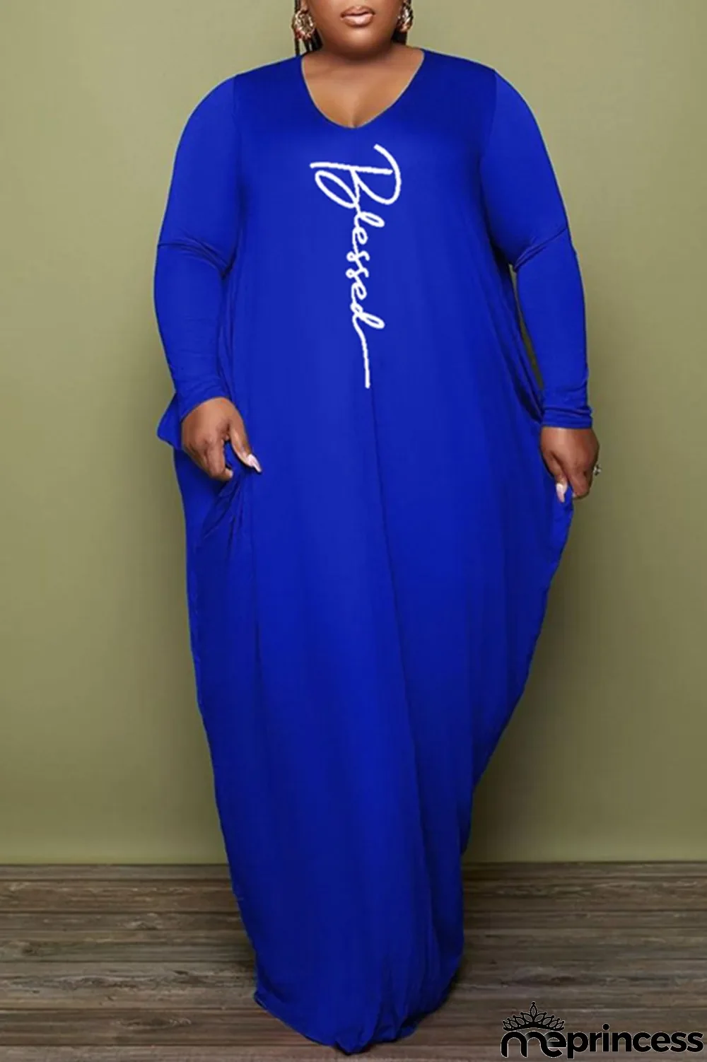 White Fashion Casual Print Basic V Neck Long Sleeve Plus Size Dresses