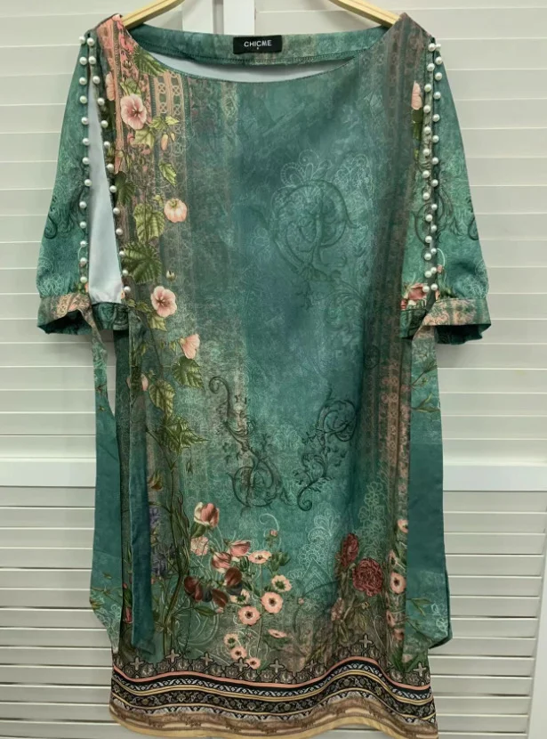 Wongn Wongn Summer Women's Chinese Retro Family Style Loose Casual Round Collar Print Cover Dress