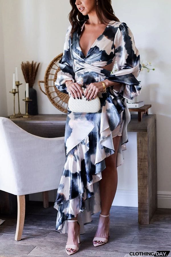 Ready for A Formal Night Tie Dye Print Gorgeous Ruffles Backless Slit Maxi Dress