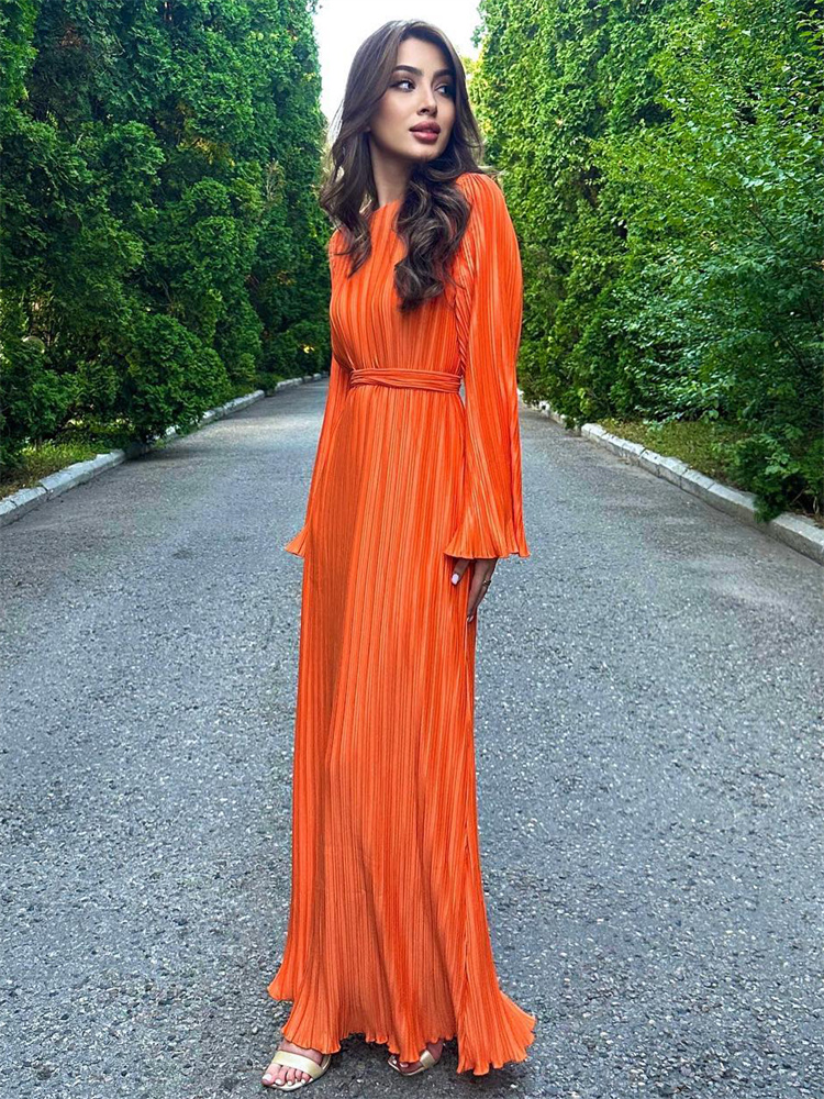 Ootddress Ruffled Lace-Up Ribbed Maxi Dress For Women Long Sleeve Fashion High Waist Elegant Party Dress Autumn Bandage Ladies Dress