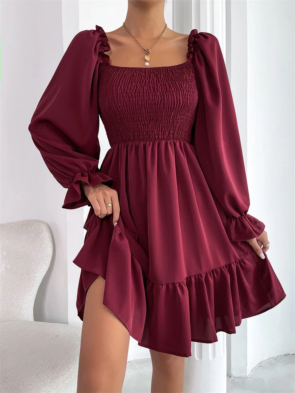 Women's Long Sleeve Square Collar Flounces High Waist Tight Midi Dress