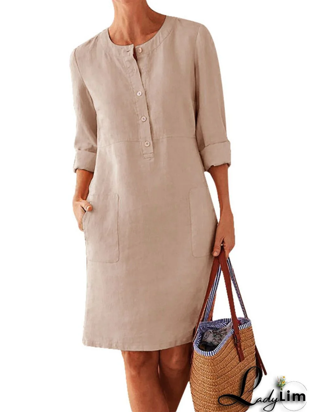 Women Long Sleeve V-neck Solid Color Stitching Pockets Buttons Midi Dress