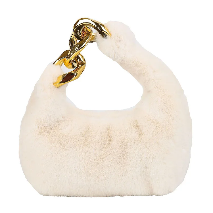 Women Fluffy Handbag Zipper Plush Soft for Shopping Dating Travel (White)