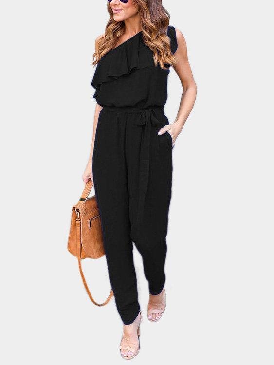 Tiered Design One Shoulder Sleeveless Jumpsuits