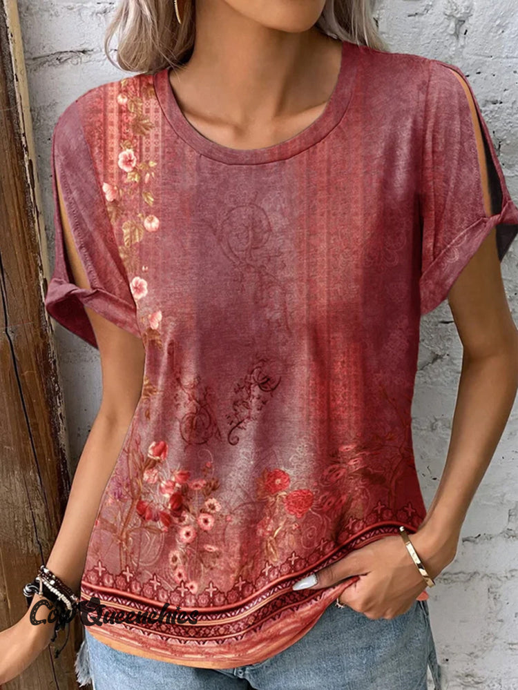 Women’s Ethnic Print Round Neck Hollow Short Sleeve T-shirt Red / S