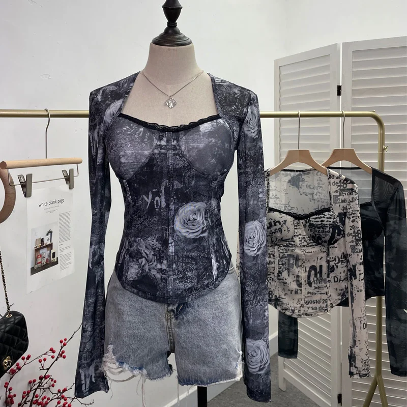 Uveng Quality Explosion Fang Lace Splicing Tie-Dye Mesh Long Sleeve Tight Babes With Chest Pads Short Top 1386