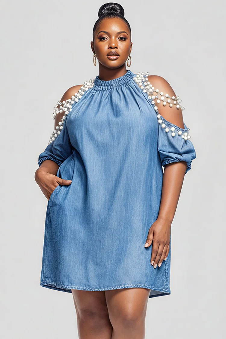 Xpluswear Design Plus Size Party Light Blue Round Neck Cold Shoulder Short Sleeve Pocket Pearls Tencel Denim Mini Dresses 2024 - Xpluswear