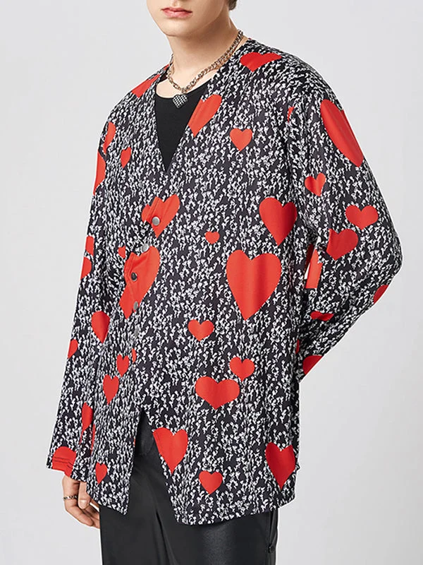 Aonga - Mens Heart Print Irregular Button Casual Kimono J