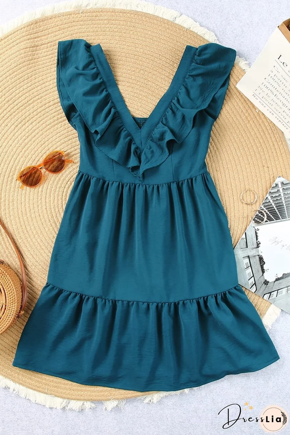 Blue V-Neck Tiered Ruffle Mini Dress with Smocked Back