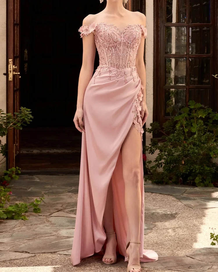 Party Dress Sequined Satin Embroidered Maxi Dress