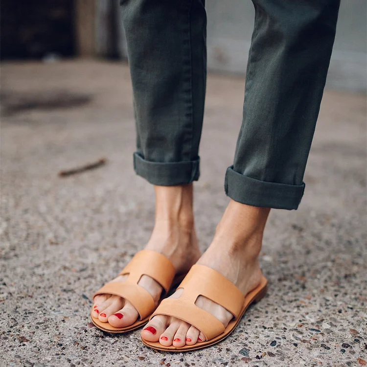Tan Flat Women's Slide Sandals |FSJ Shoes