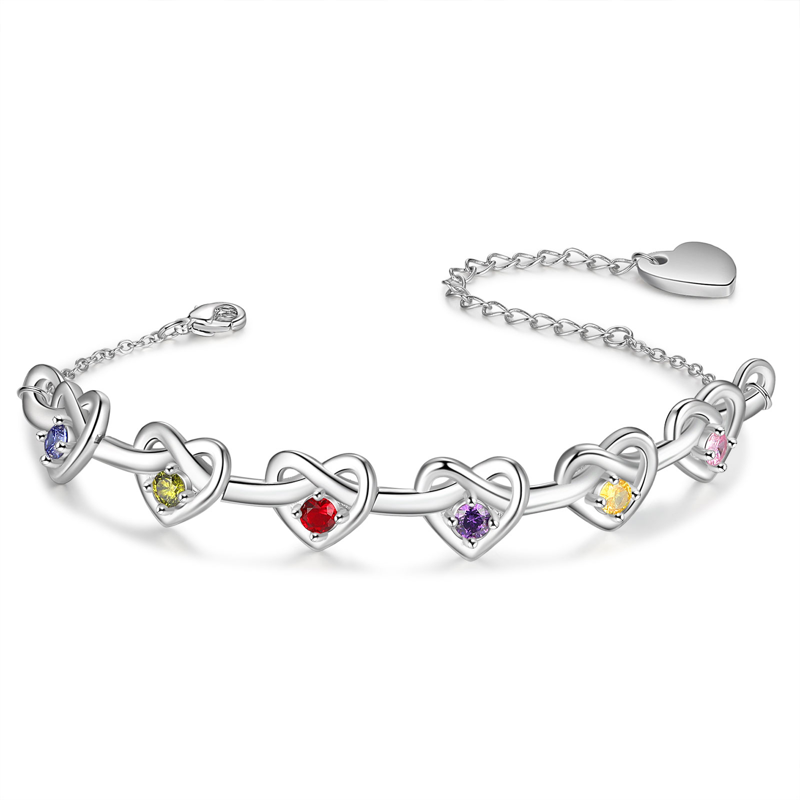 Braccialetto da cuore a cuore personalizzato con 6 pietre di nascita e 6 nomi personalizzati regalo per donna