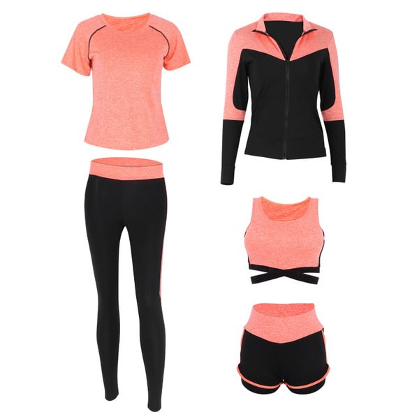 Womens Casual 5 Piece Yoga Fitness Outfits Sets Comfortable Workout Clothes Suit(Orange Five‑Piece Suit ) Besb - Shop Trendy Women's Fashion | TeeYours
