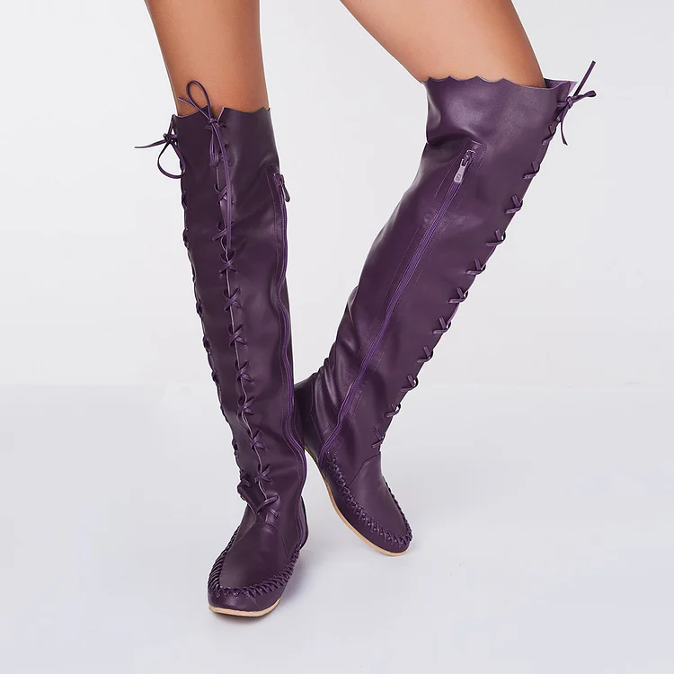 Purple Flat Knee Boots with Strappy Design - Comfortable and Chic   Footwear Vdcoo
