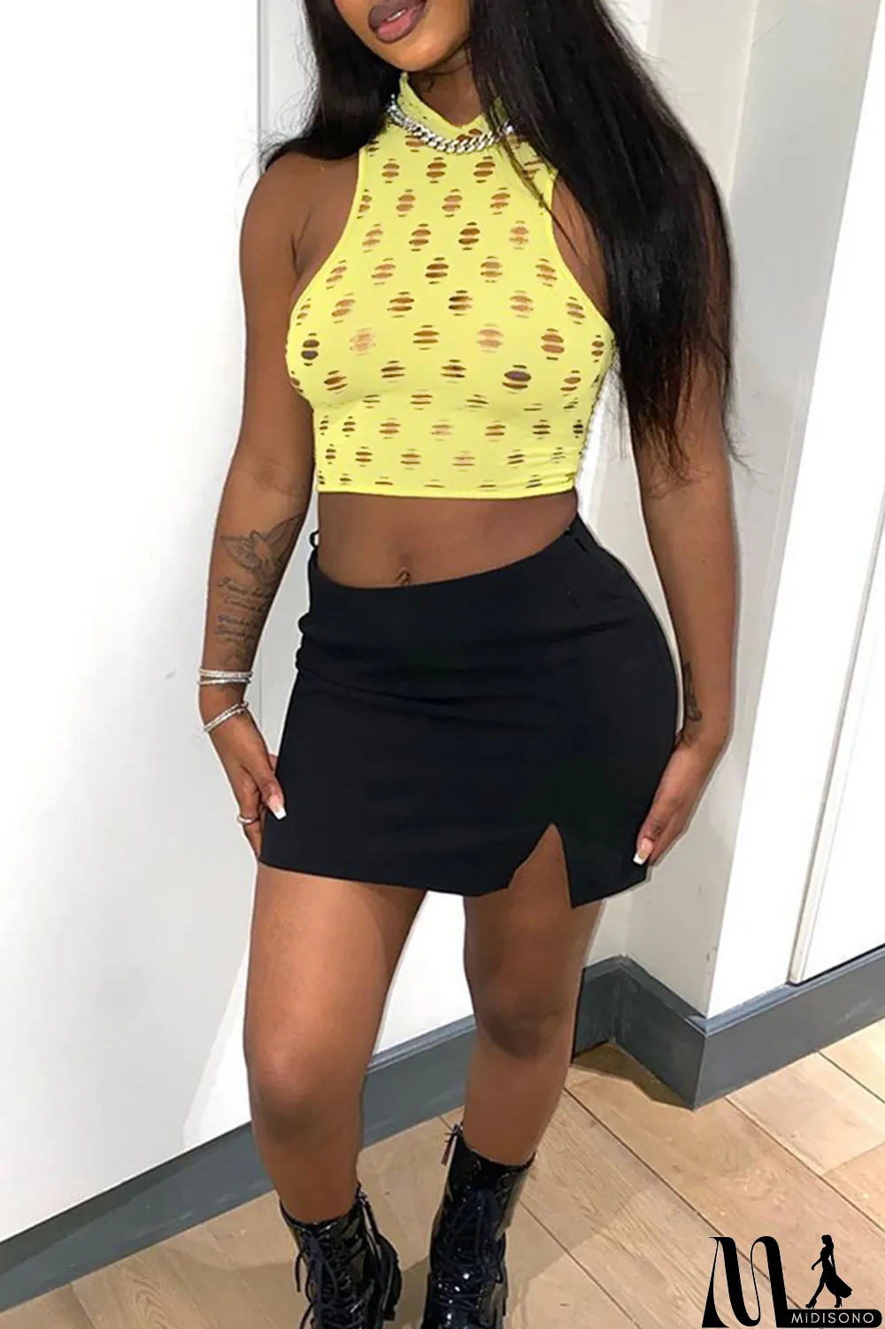 MidiSono - Yellow Fashion Sexy Solid Ripped Hollowed Out O Neck Tops