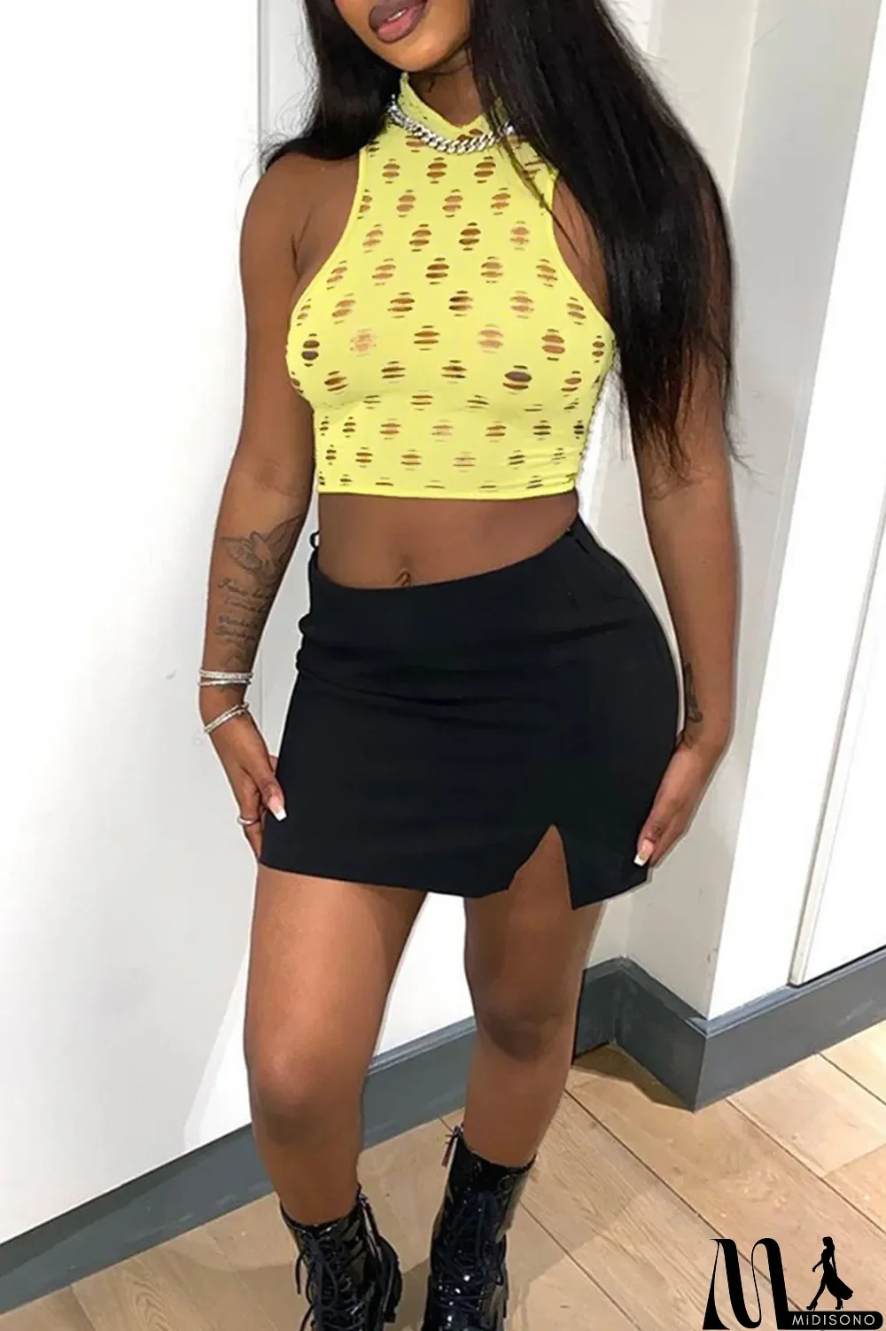 MidiSono - Yellow Fashion Sexy Solid Ripped Hollowed Out O Neck Tops