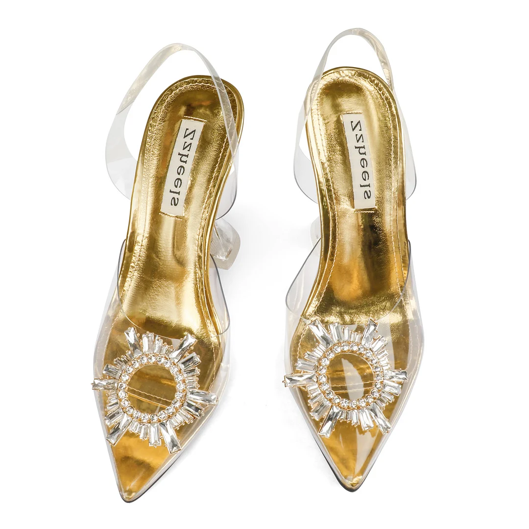 9.5cm/3.74 Double Bow Crystal High Pumps Pointed Toe Strappy Transparent Sandals Wedding Shoes