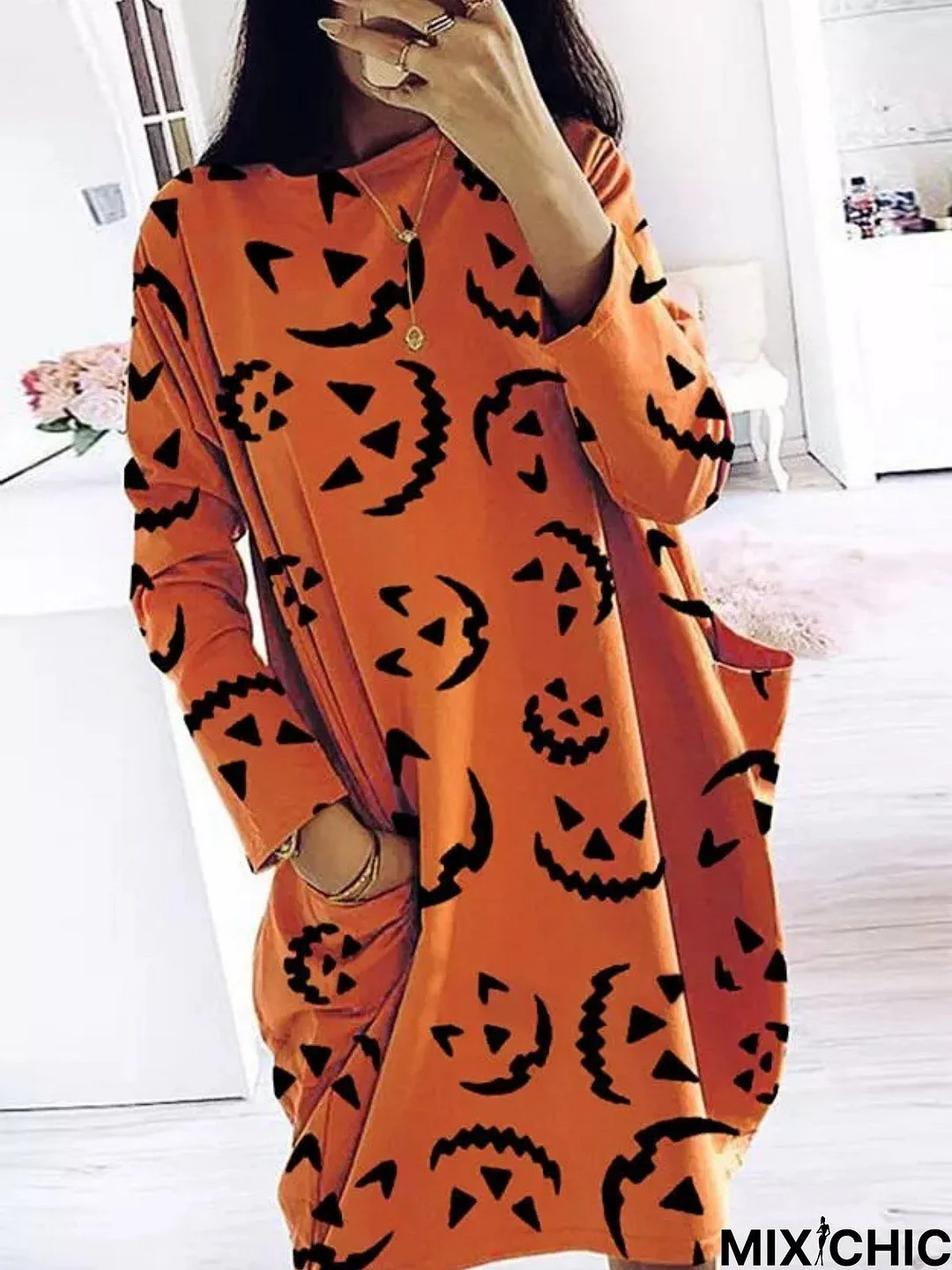 Casual Long Sleeve Crew Neck Printed Knitting Dress