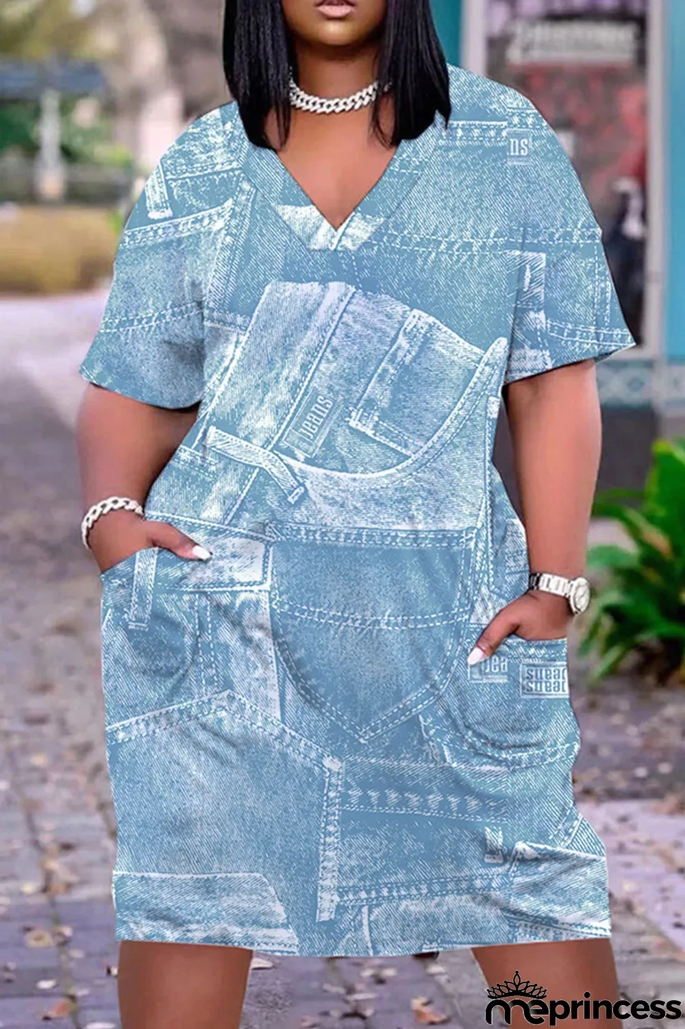 Orange Red Casual Print Patchwork Basic V Neck Short Sleeve Dress