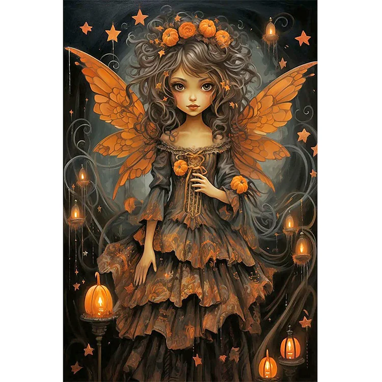 Halloween Pumpkin Black Clothes Dry Tree Butterfly Wings Girl 40*60CM (Canvas) Full Round Drill Diamond Painting gbfke