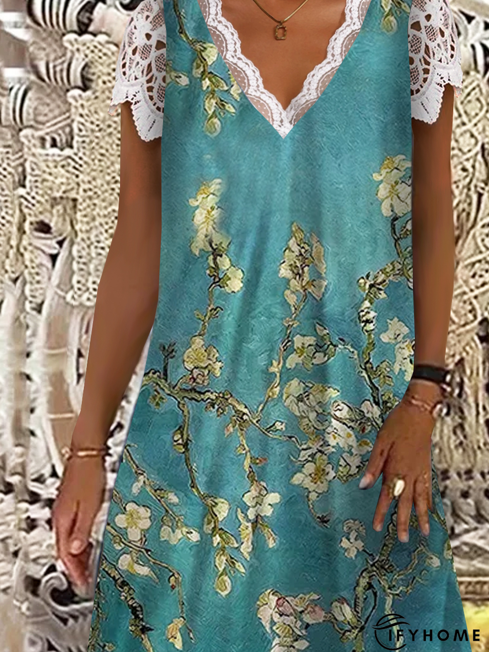 Vacation Floral Color Block V Neck Loosen Midi Short Sleeve Knit Dress | IFYHOME