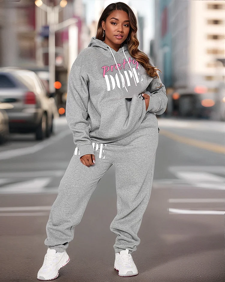 Women's Plus Size Grey Printed Hoodie and Casual Pants Set