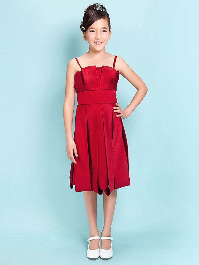 Princess / A-Line Spaghetti Strap Knee Length Satin Junior Bridesmaid Dress With Sash / Ribbon / Draping / Spring / Summer / Fall / Hourglass / Inverted Triangle