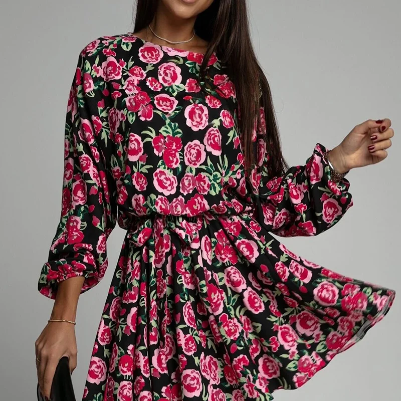 Women's Clothing Dresses Elegant Floral Print Dress O-neck Lace Up Full Sleeves A-line Mini Pleated Dresses New