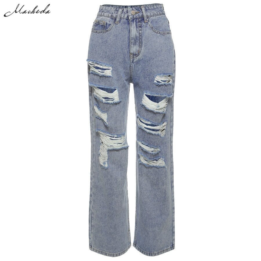Macheda High Waist Loose Jeans Clothes Women Casual Blue Denim Streetwear Ripped Hole Trousers Lady Fashion Straight Pants 2020