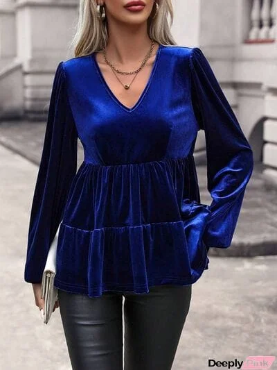 V-Neck Balloon Sleeve Peplum Blouse