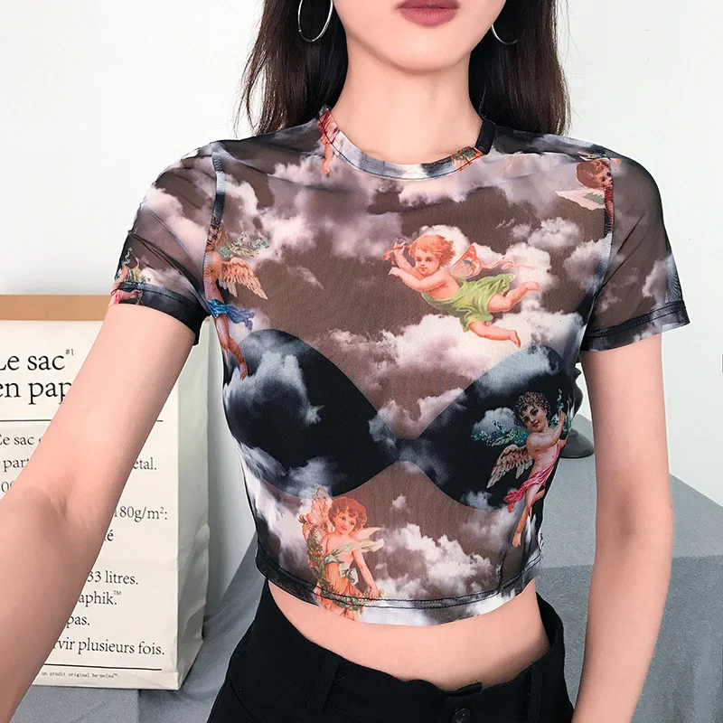 Uveng Uveng Women's Mesh Hollow Out Butterfly Print Long Sleeve Crop Short T-Shirt Bottom Shirt Women