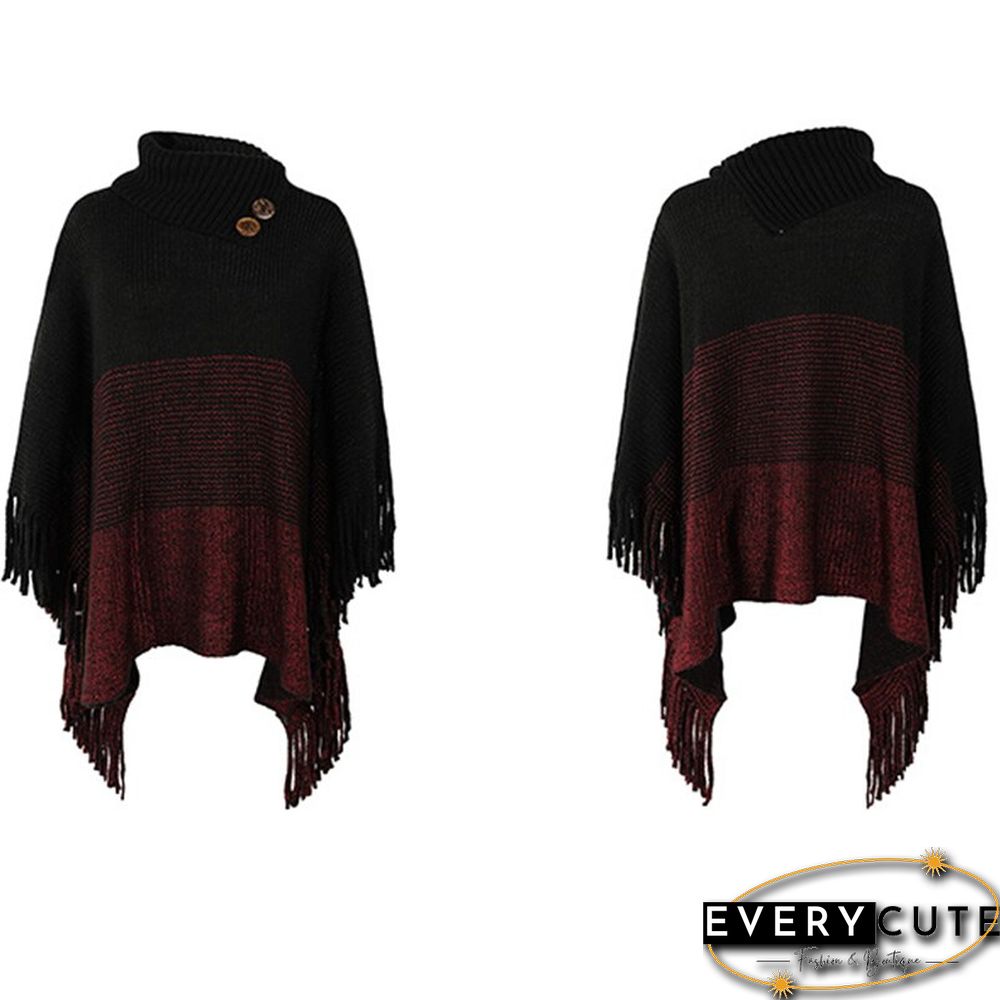 Women's Tassel Design Casual Shawl Cloak Coat Color Block Hooded Knitted Cloak And Shawl Top