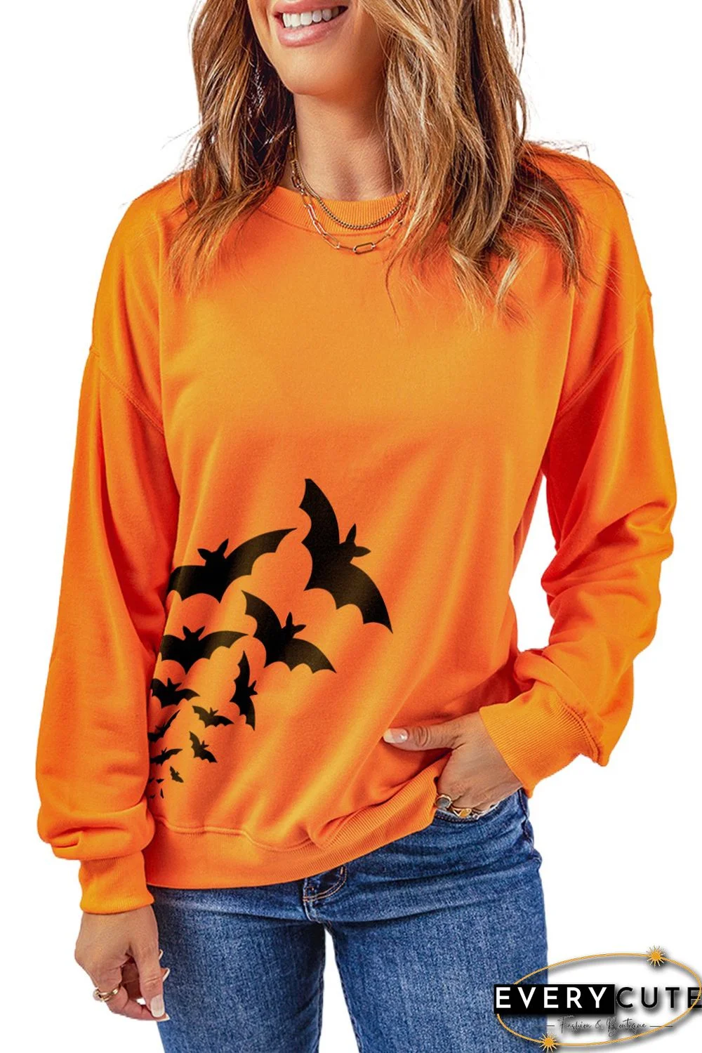 Orange Halloween Bat Graphic Print Pullover Sweatshirt