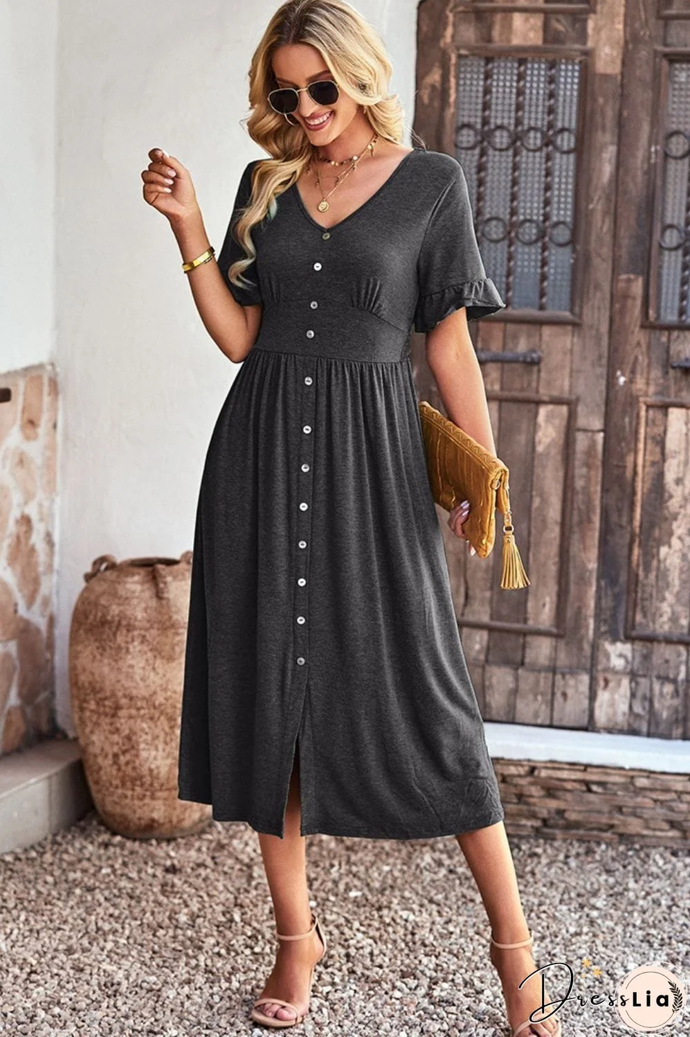 Gathered Detail Buttoned V-Neck Midi Dress