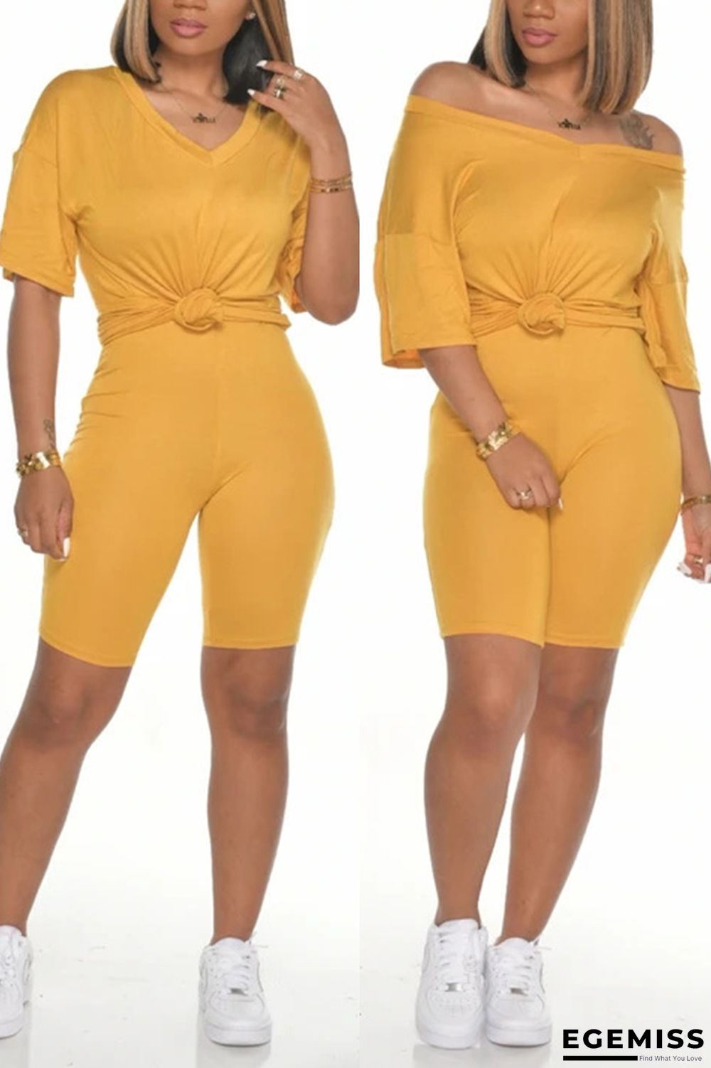 Yellow knit Casual Patchwork Two Piece Suits Solid pencil Short Sleeve | EGEMISS