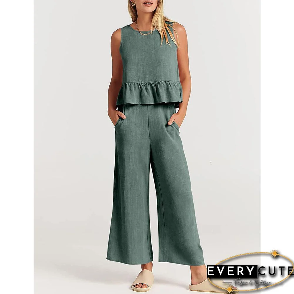 Gary Green Sleeveless Pleated Tank and Wide Leg Pants set