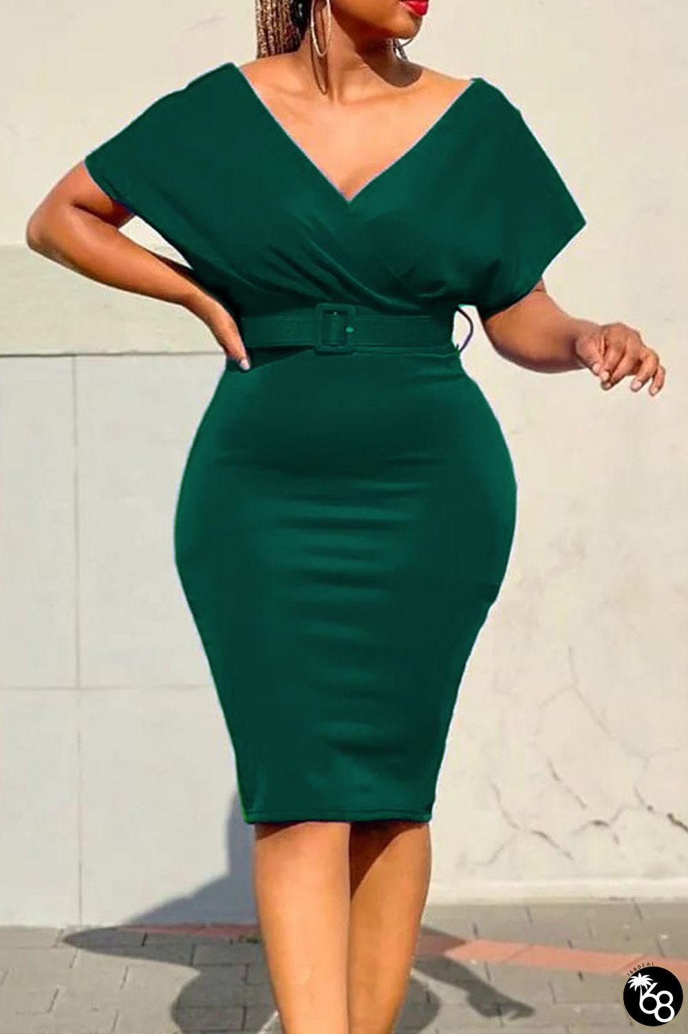 Green Casual Elegant Solid Patchwork With Belt V Neck Pencil Skirt Dresses | 168DEAL