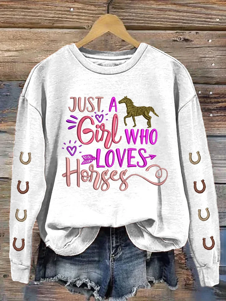 Just A Girl Who Loves Horses Embroidery Pattern Cozy Sweatshirt