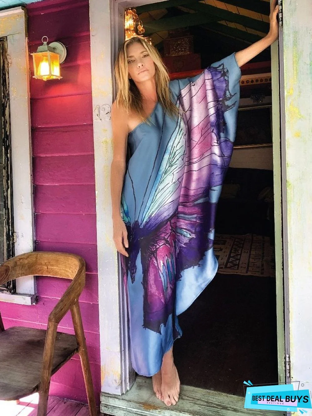 Loose Print Shoulder Beach Holiday Sunscreen Dress Europe and America Commuting Irregular Dress