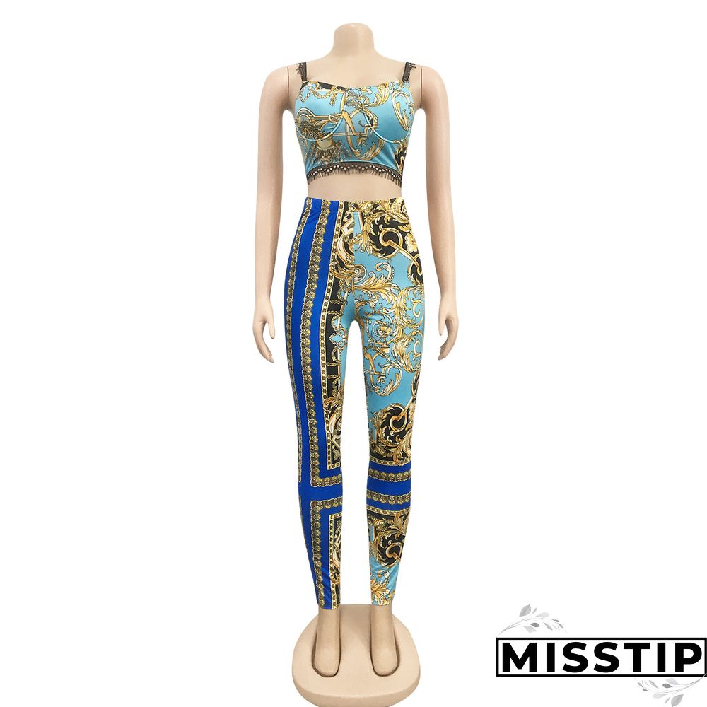 Women Printed Tank Top+Jacket Skinny Pants 3 Pieces